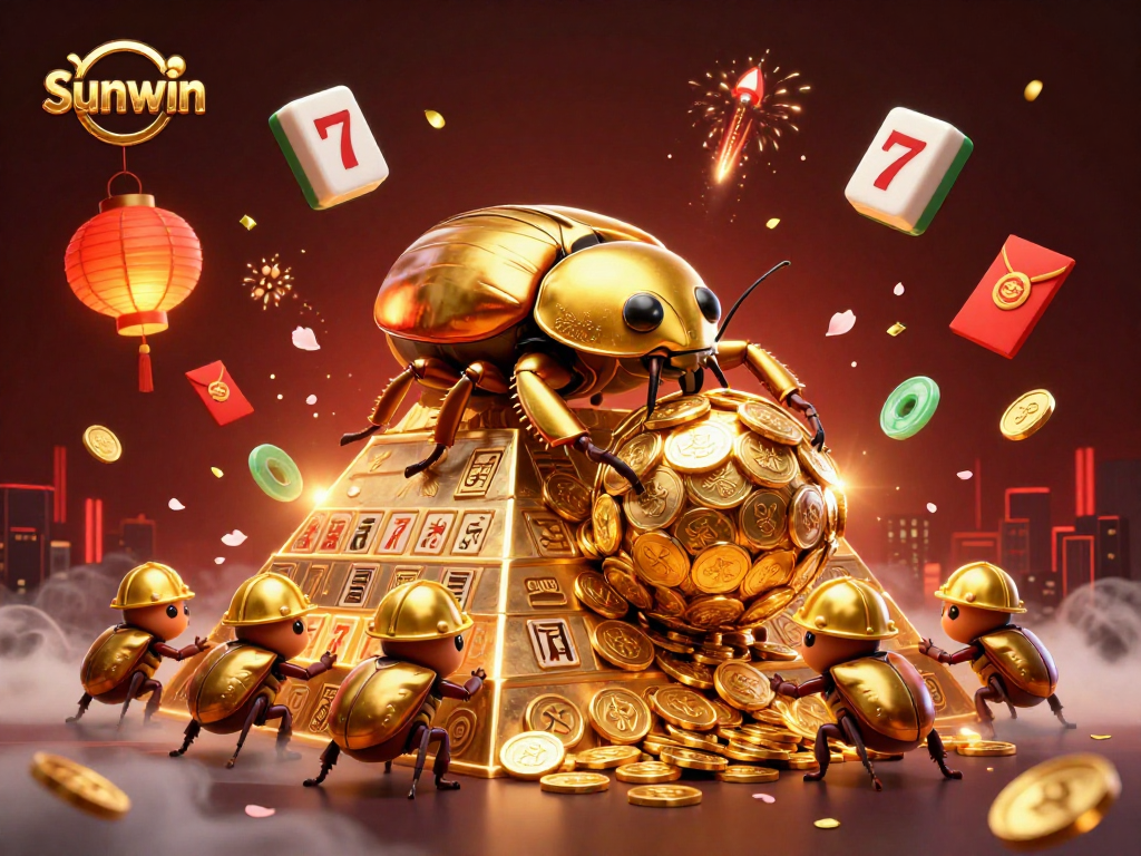 Sunwin reveals an energetic casino world with golden beetles rolling coins amidst vibrant gaming icons.