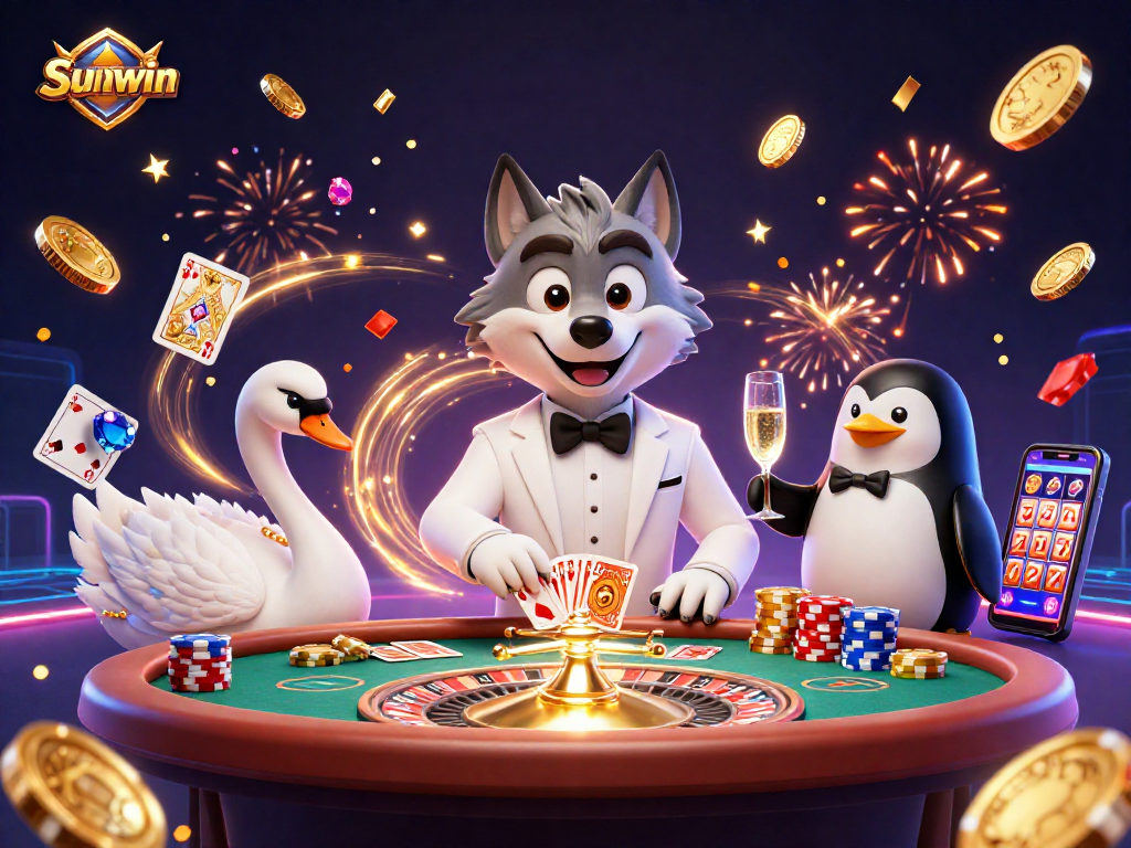 Experience excitement at Sunwin with a debonair wolf and elegant characters amid cascading riches.