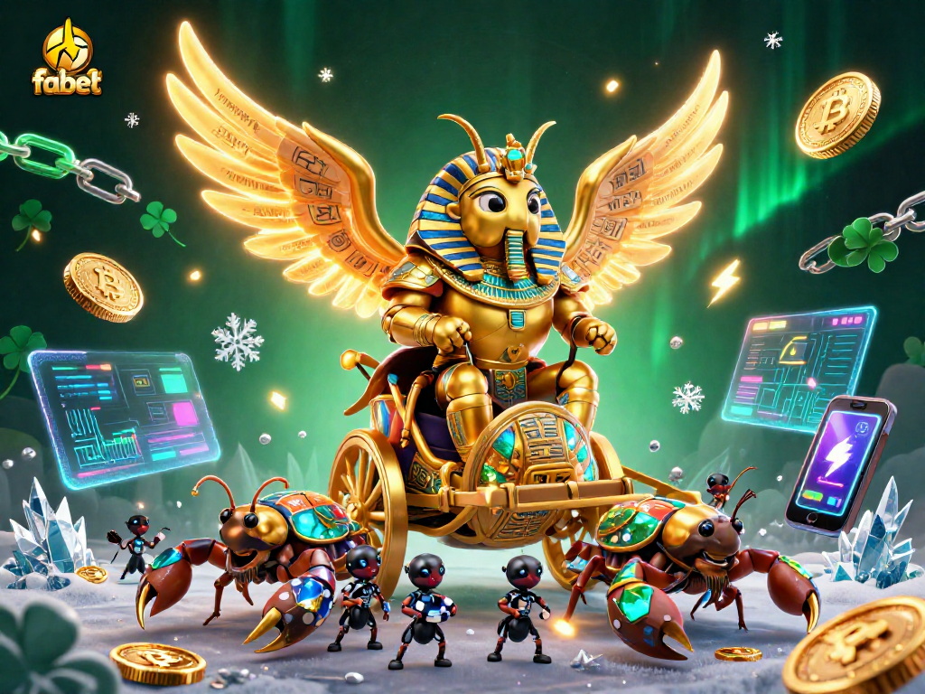 Experience vibrant gameplay action with fabet, featuring a golden scarab beetle and crypto elements.