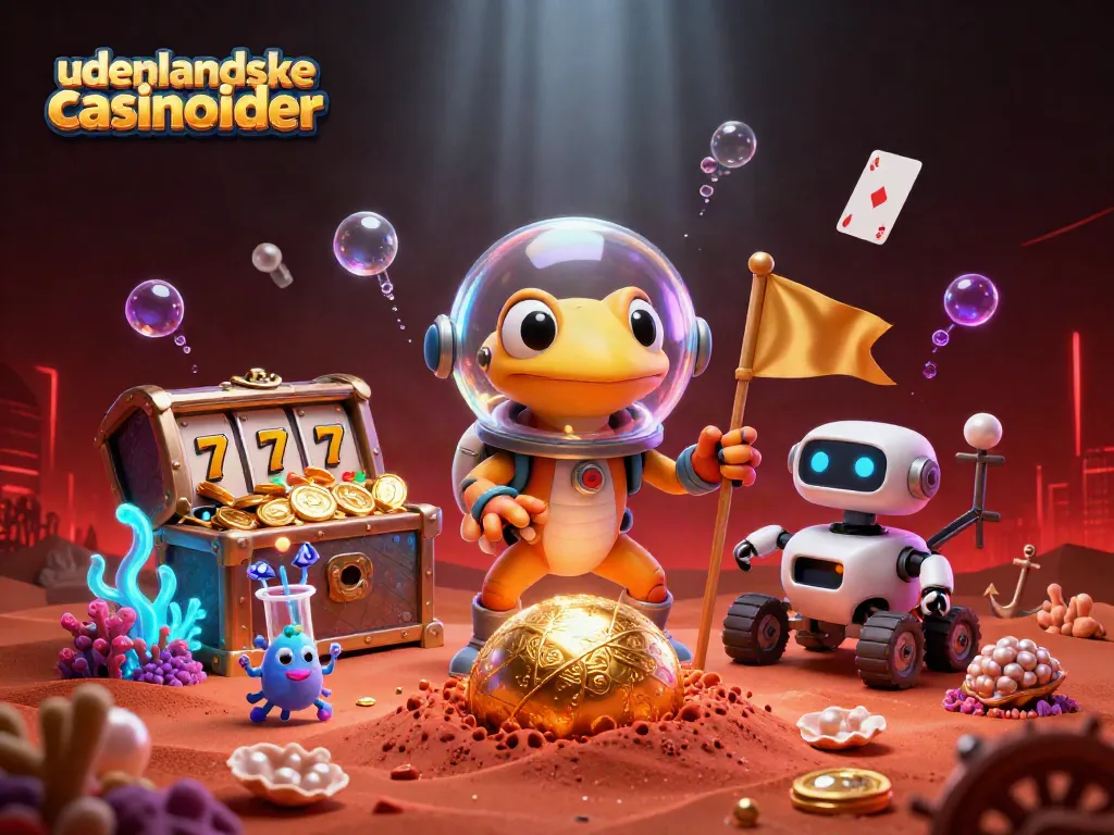 Engaging illustration of udenlandske casino sider featuring a Martian gecko exploring a hidden casino scene.
