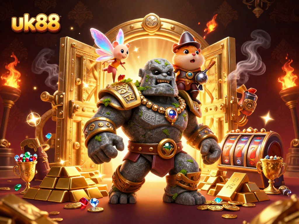Experience thrilling gameplay with uk88's enchanting casino scene featuring magical characters and treasures.