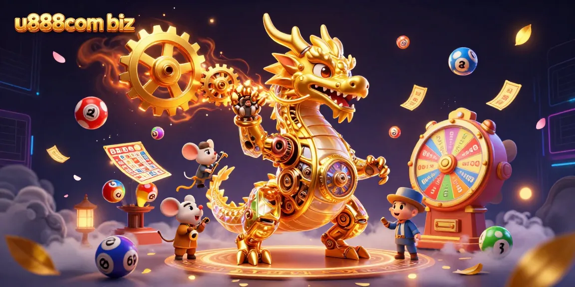 Engage with u888com biz as golden dragon breathes gears, surrounded by colorful lottery elements.