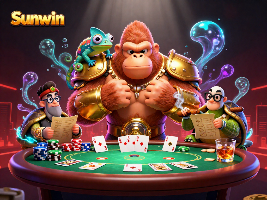 Play to win at Sunwin with animated characters around a vibrant casino scene displaying poker excitement.