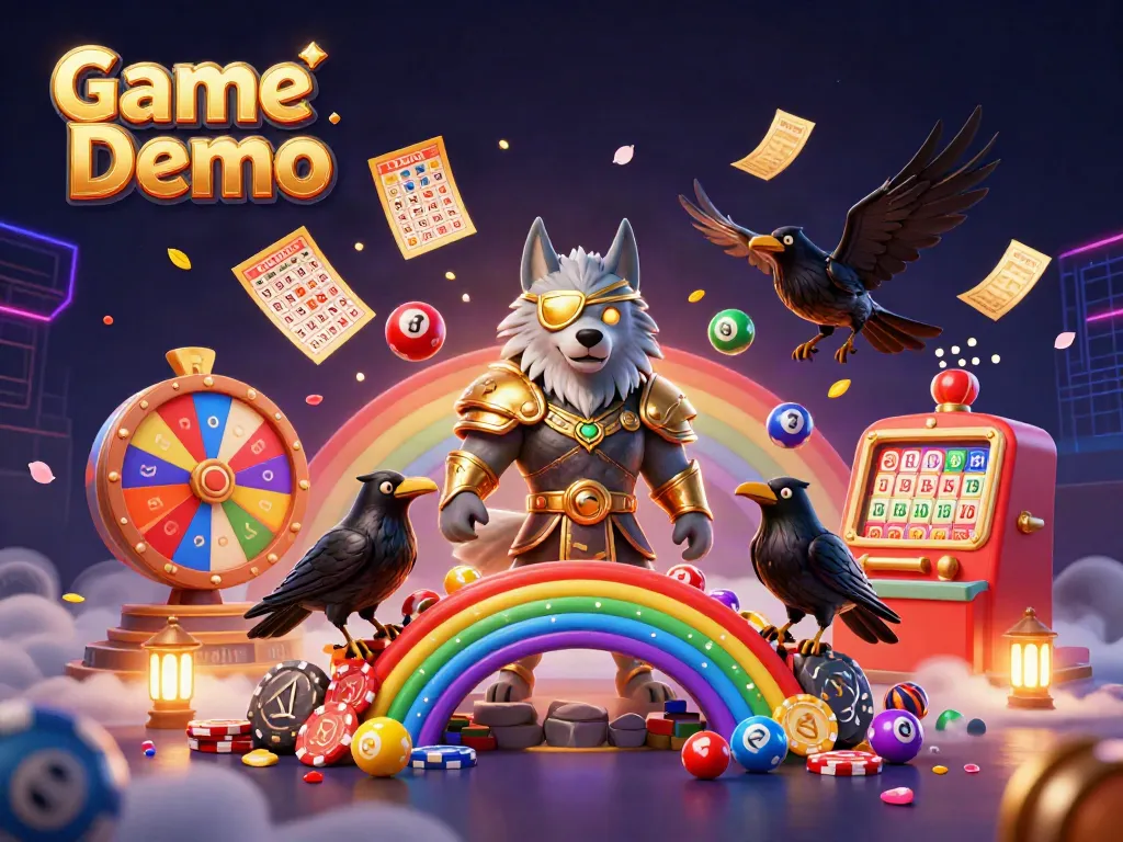Engage with the thrilling Game Demo featuring an Odin-inspired wolf and vibrant casino elements.