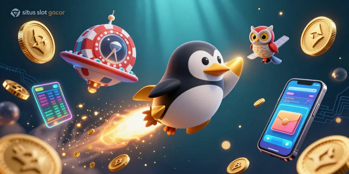 Situs slot gacor brings excitement with a golden penguin in space near a poker chip casino.