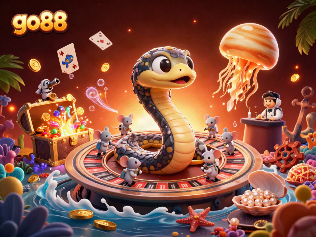 Experience go88's thrilling casino atmosphere with vibrant gameplay featuring a Saturn ring snake dealer and playful betting mice.