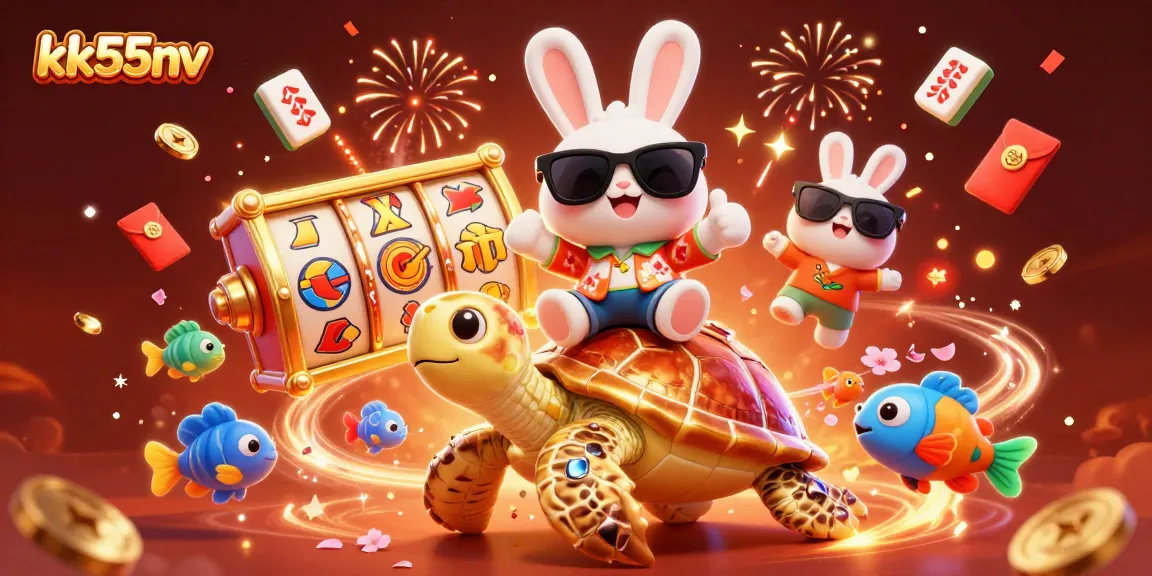 Spin to win at kk55nv with a lucky rabbit and treasures in a vibrant casino scene