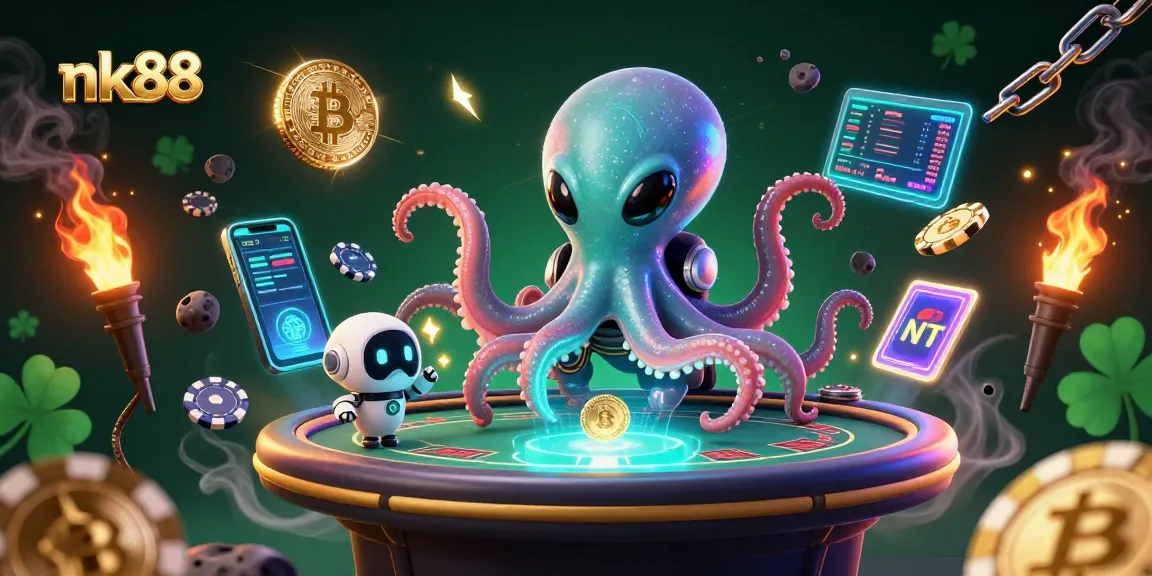 Join nk88's thrilling poker adventure with an alien octopus and dynamic gaming elements in this vibrant digital scene.
