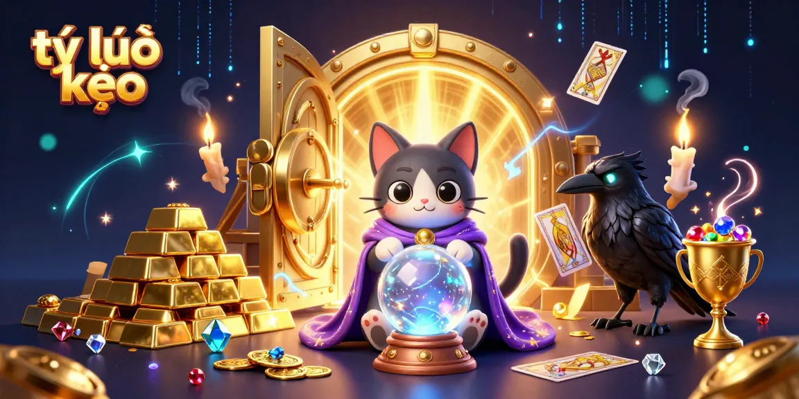 Engage with tỷ lệ kèo in this vibrant 3D illustration featuring fortune teller cat and tarot raven.