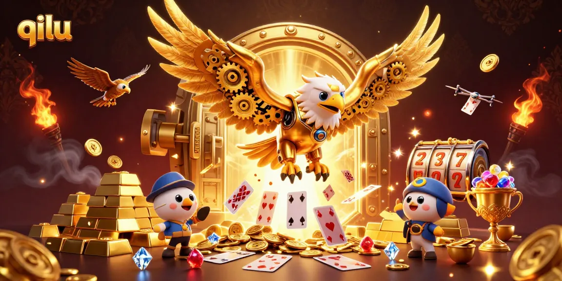 qilu's thrilling 3D casino scene showcasing cybernetic eagle amidst holographic cards