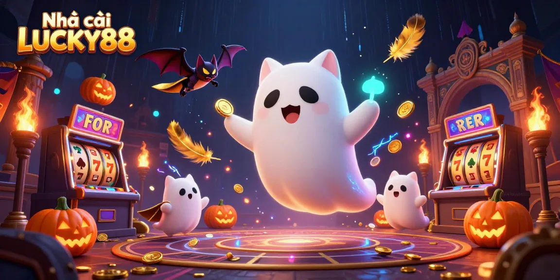 Experience thrilling wins at Nhà cái LUCKY88 with a ghost cat and slot games in an enchanting casino scene.