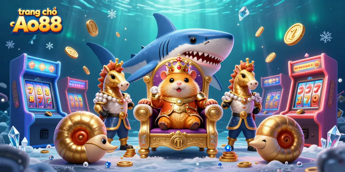 Experience thrilling gameplay at trang chủ Ao88 with a golden hamster king surrounded by vibrant slot machines.