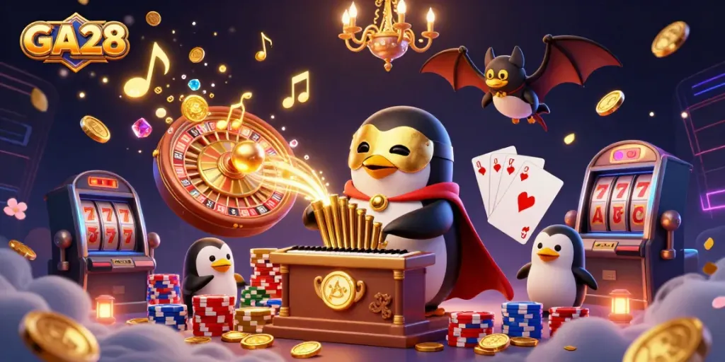 Experience the thrill of GA28 with our vibrant casino scene featuring coins, cards, and attentive acrobats.