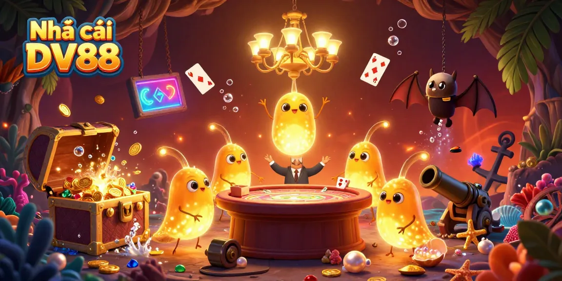Experience the thrill at Nhà cái DV88 with a whimsical 3D illustration showcasing a vibrant casino atmosphere illuminated by glowing characters and lively game elements.