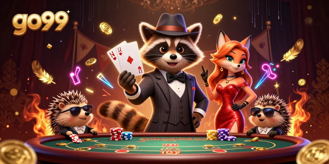 Experience poker excitement with go99 featuring a charming raccoon and friends in a vibrant casino.