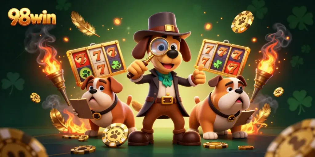 Engaging 3D depiction of a detective bloodhound uncovering clues in a dynamic 98win casino scene.