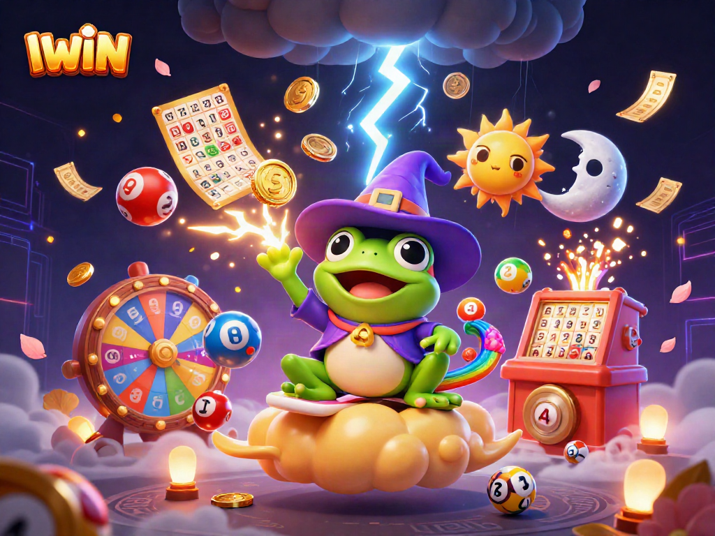 IWIN brings excitement to players with vibrant lottery and bingo elements in a magical scene.