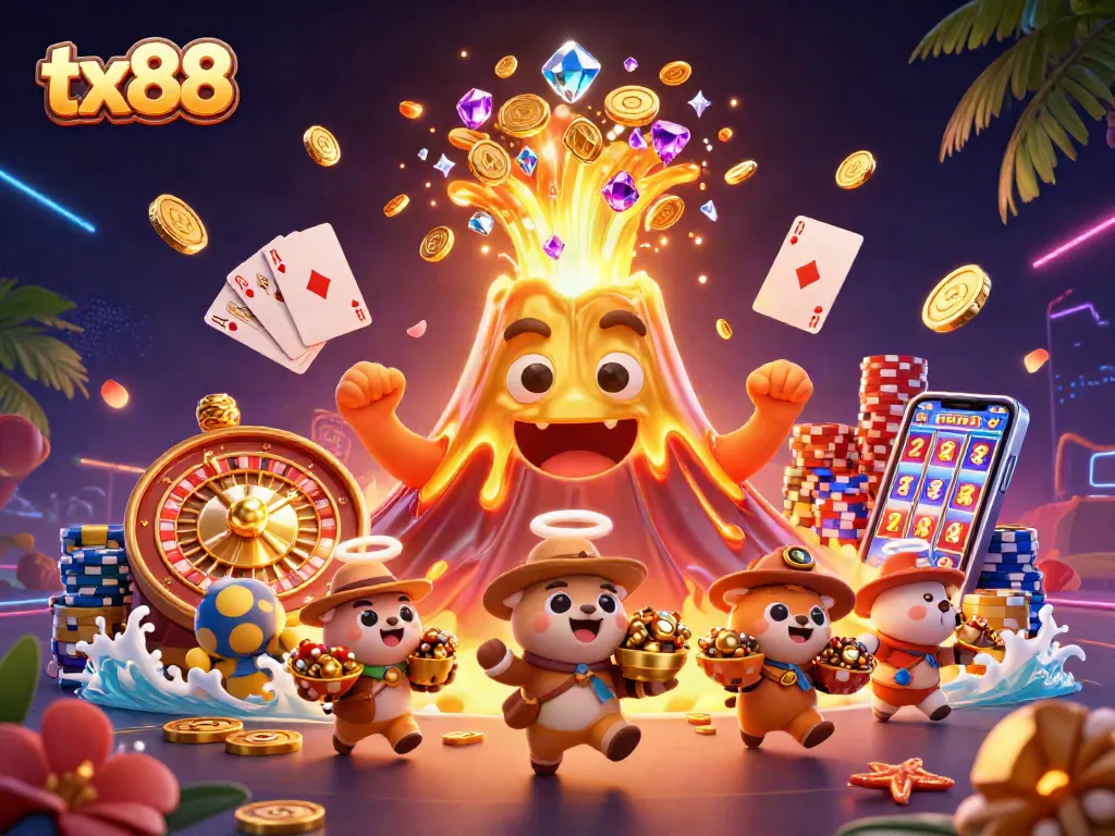 Experience the excitement of tx88 with a vibrant casino scene filled with treasures and games.