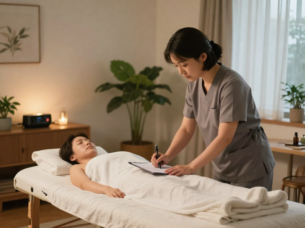 Relaxing 잠실출장마사지 scene with a professional therapist preparing in a cozy home.