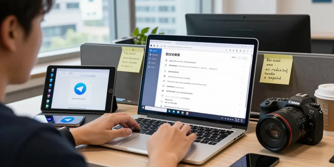 Customize Telegram Chinese interface with detailed settings on a laptop in a bright tech workspace.