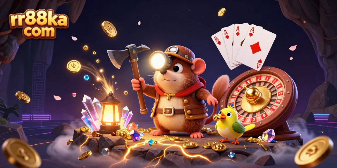 Experience the excitement of rr88ka com with a treasure hunting mole finding golden gems amidst cascading coins and gaming elements.