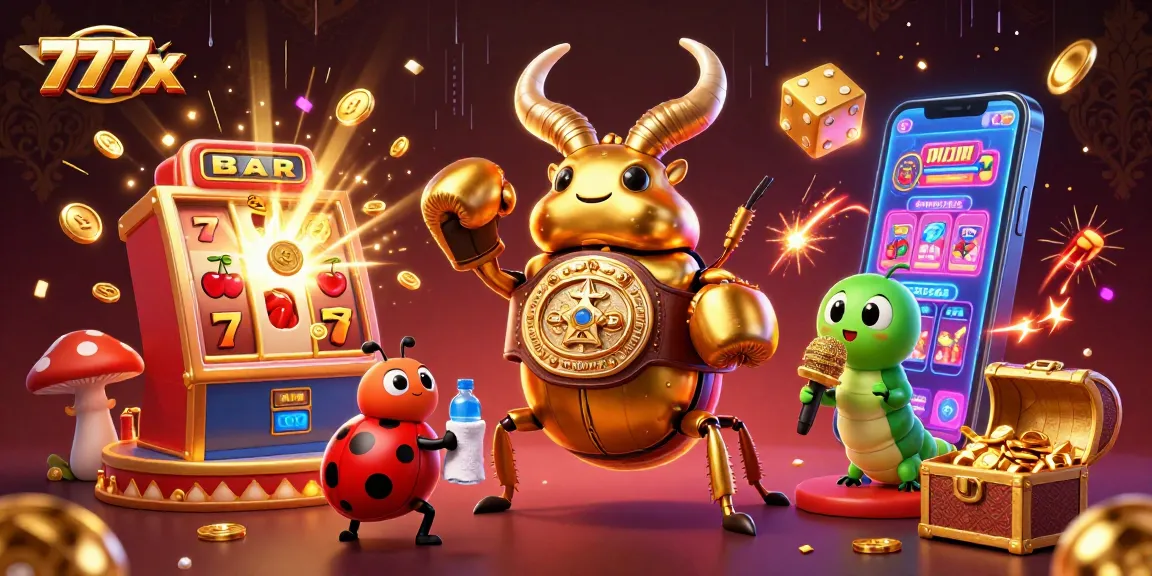 Engaging 777x casino scene with a giant golden stag beetle battling alongside colorful slot elements.