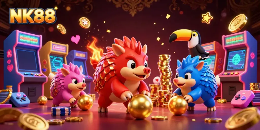 NK88 pangolins compete in a vibrant casino-themed scene with poker chips and arcade machines.