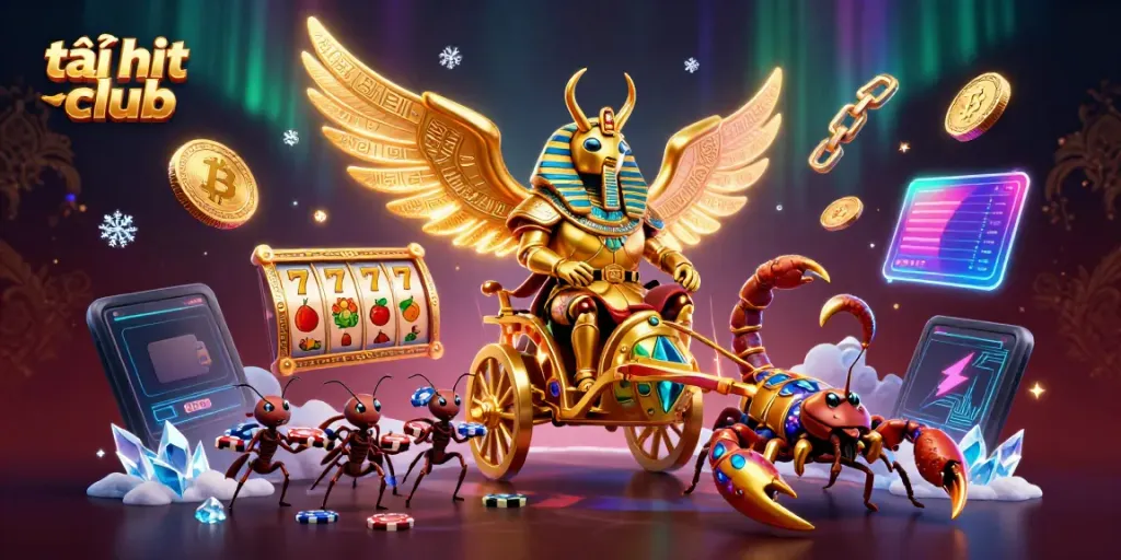 Experience the excitement of tải hit club with a vibrant casino-themed illustration featuring dynamic game elements.