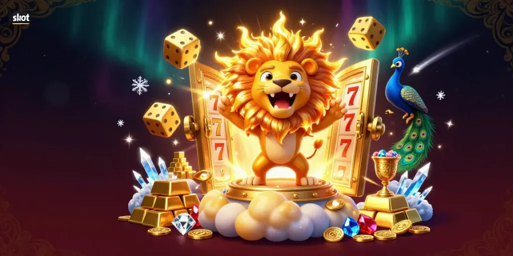 Spin to win big with slot games represented by vibrant golden lion and dice.