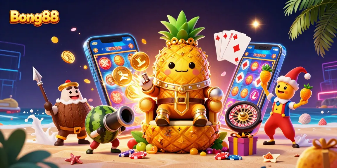 Bong88 players enjoying a vibrant casino scene with a golden pineapple king amidst tropical elements and games.
