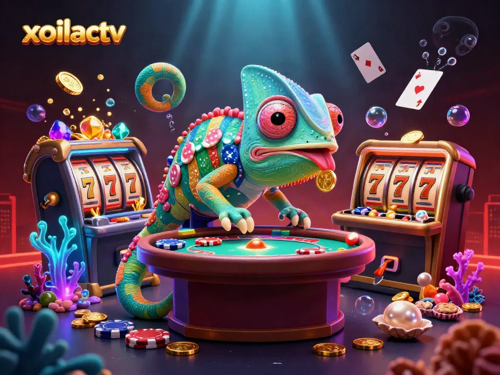 Xoilactv showcases a vibrant chameleon casino owner capturing golden coins in a lively gambling scene.