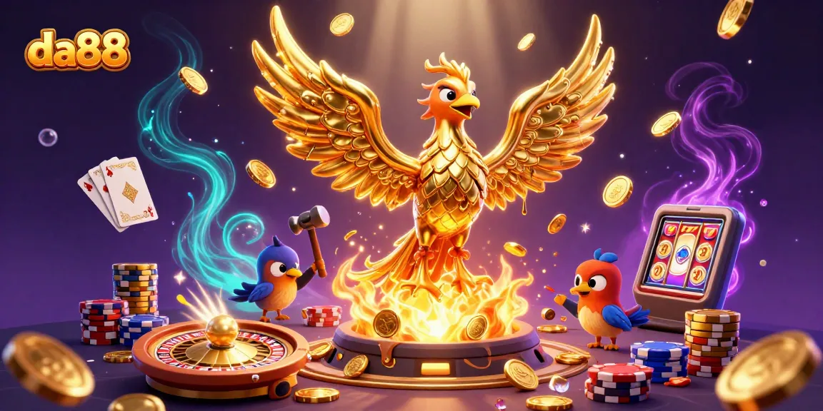 Experience casino thrills with da88, where a golden phoenix emerges in a vibrant gambling atmosphere.