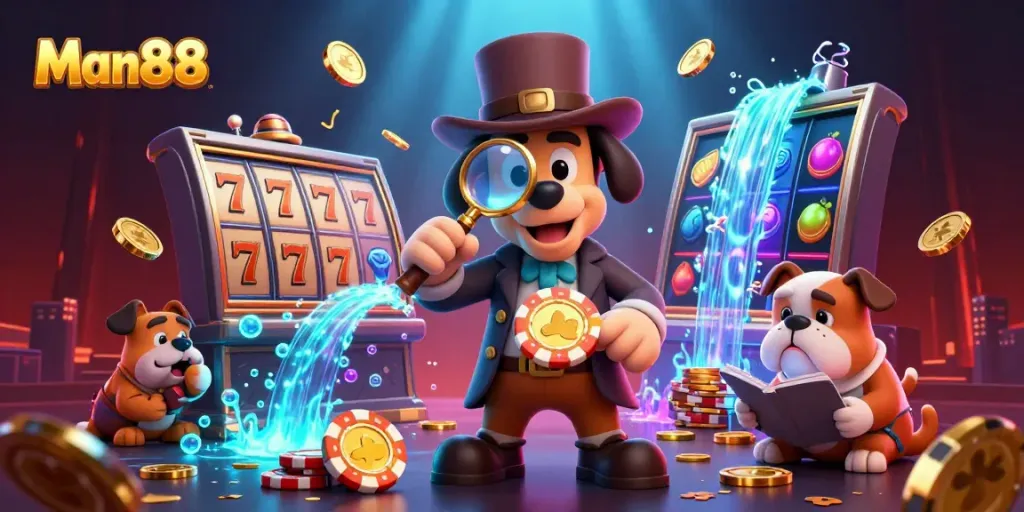 Engage with Man88 as the cartoon detective uncovers a treasure of casino rewards.
