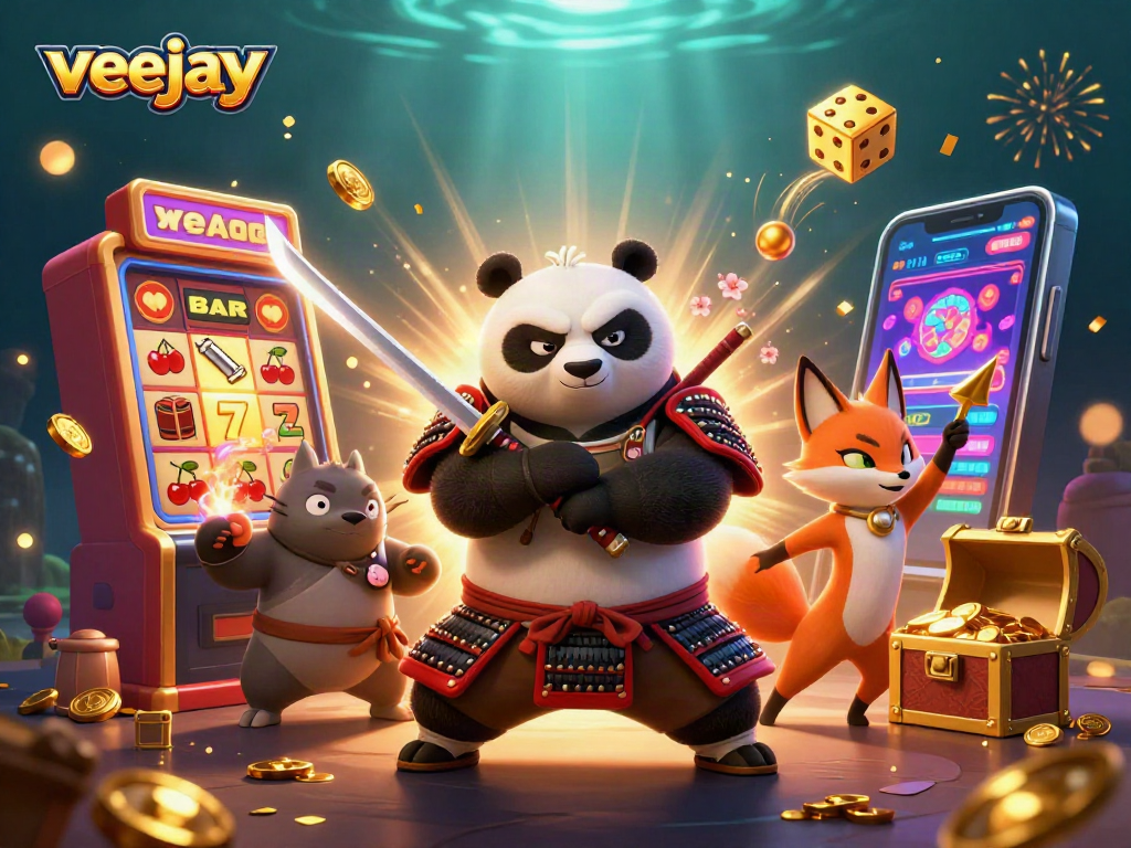 Werfen Sie sich mit Veejay in den aufregenden Glücksspiel-Momenten mit einem Samurai-Panda und goldenen Schurken.