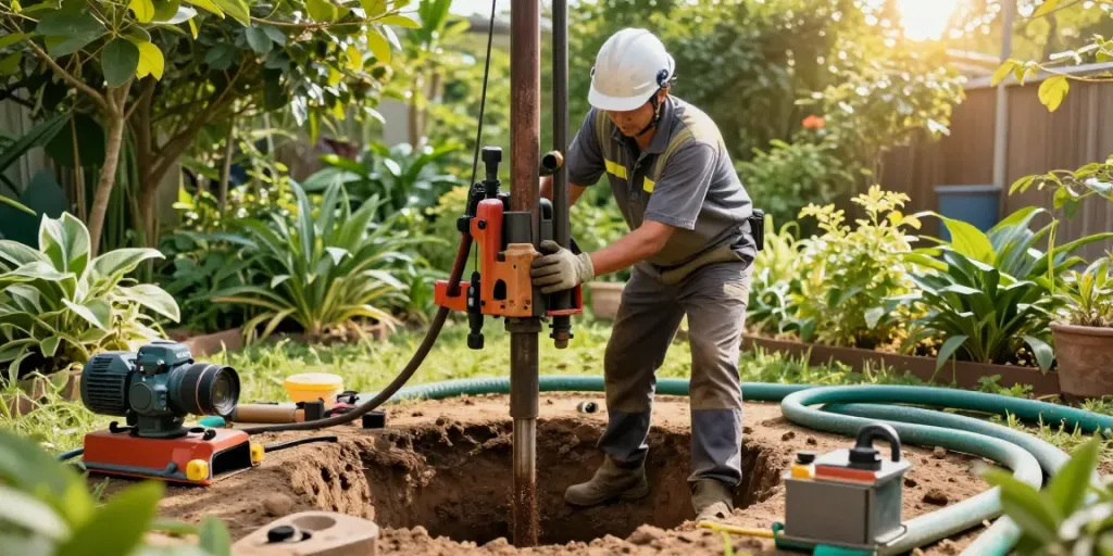 Professioneller Brunnenbohren-Prozess im Garten, Bohrer mit Motorbohrer in Aktion.