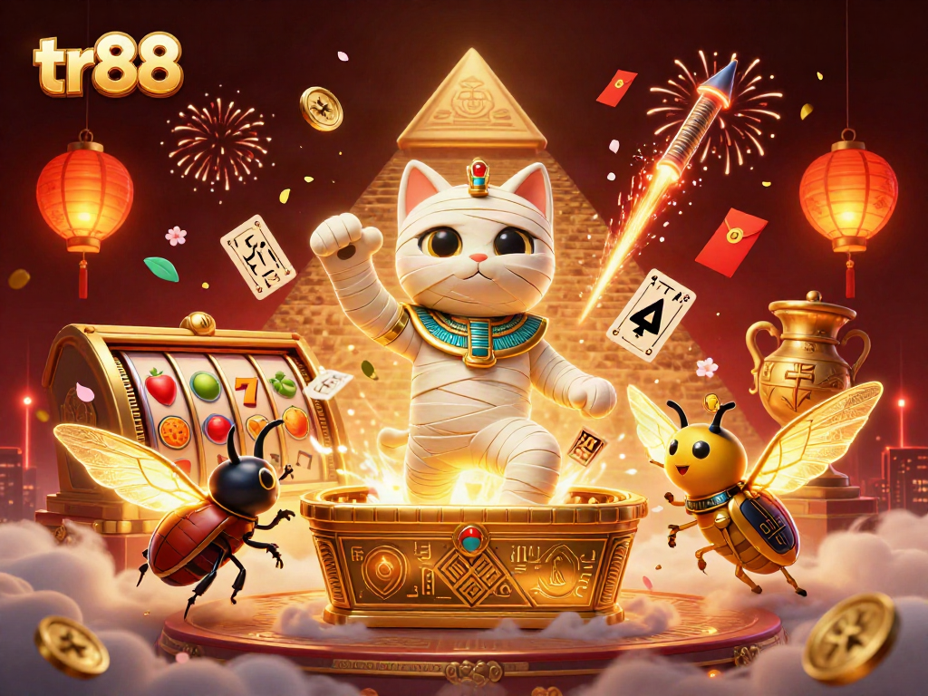 Experience excitement at tr88 with a dynamic scene of an Egyptian mummy cat emerging from a sarcophagus in a casino.