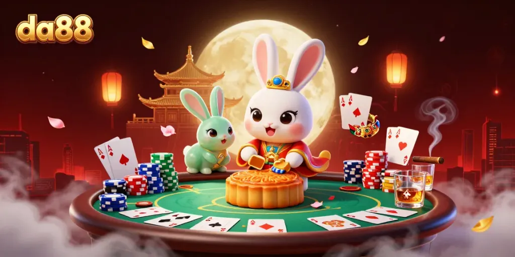Experience the thrill of DA88 with a vibrant casino scene filled with poker chips and lively characters.