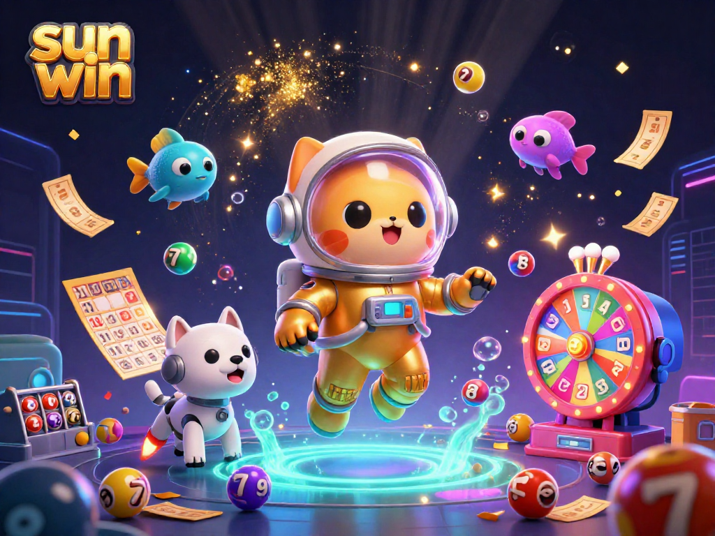 Experience sun win with a vibrant 3D illustration featuring a cartoon astronaut cat amidst dynamic casino elements like bingo cards and lottery balls.
