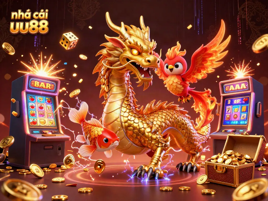 Experience the excitement of nhà cái uu88 with a vibrant dragon, phoenix, and koi fish in a dynamic casino scene.