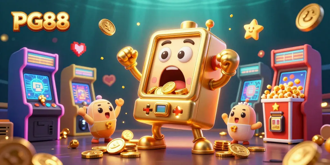 PG88 slot machine hitting jackpot with cheerful smaller machines, vibrant casino elements abound.