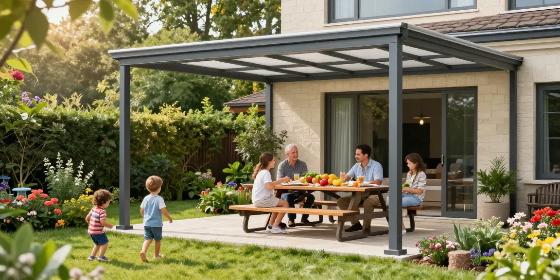 Freistehende Terrassenüberdachung mit Familie im Garten, die ein Picknick genießen.