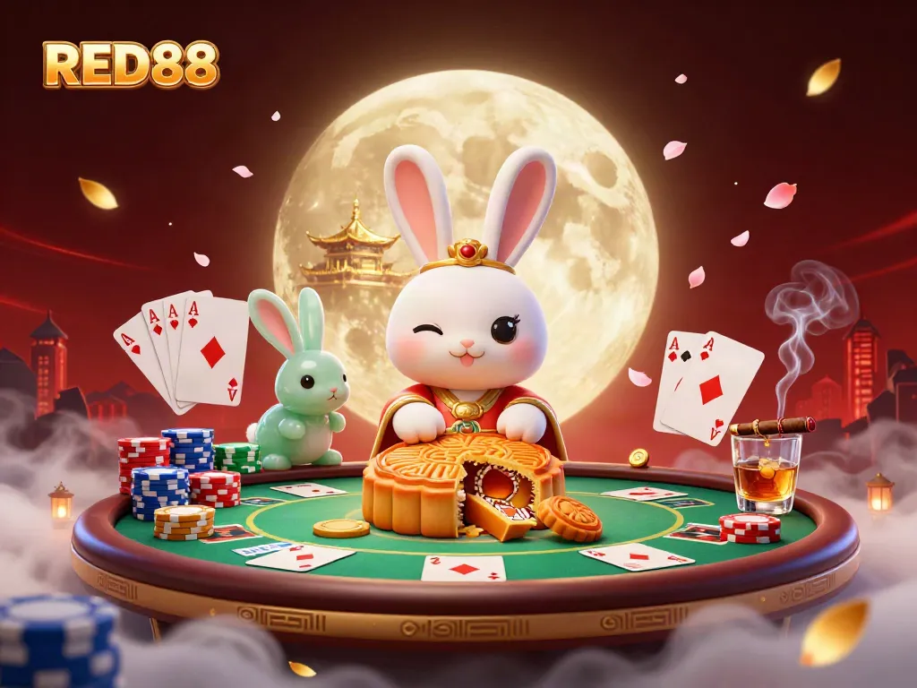 Experience thrilling gaming at RED88 with a moon rabbit celebrating wins over poker chips.