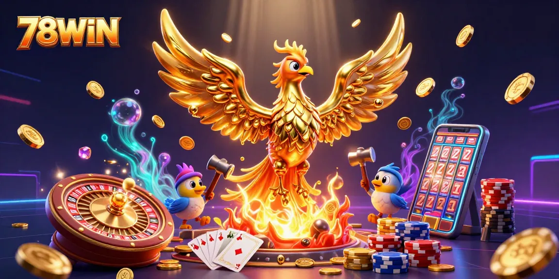 Engage in thrilling gameplay with 78WIN's vibrant slots and stunning visuals of golden coins and phoenixes.
