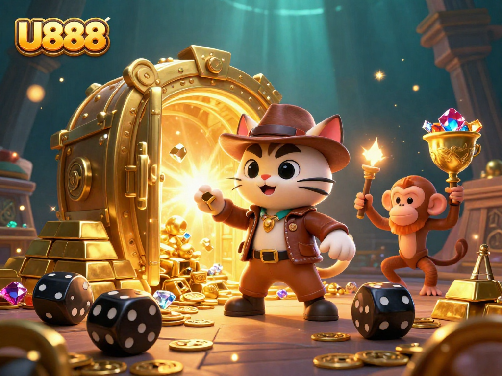 Experience the thrill of U888 with a dynamic 3D scene featuring treasures and exploration in a vibrant casino atmosphere.