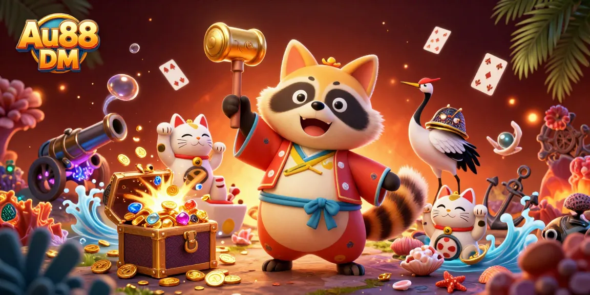 Experience thrilling wins with Au88 DM at this vibrant cartoon casino scene.
