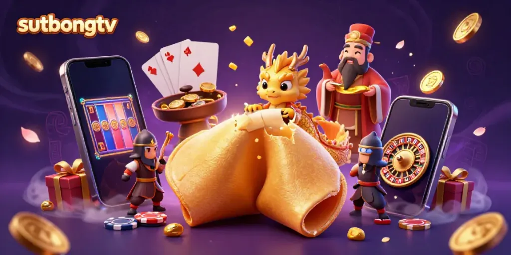 Experience thrilling gaming action with sutbongtv's vibrant 3D casino scene featuring a unique fortune cookie and lottery elements.