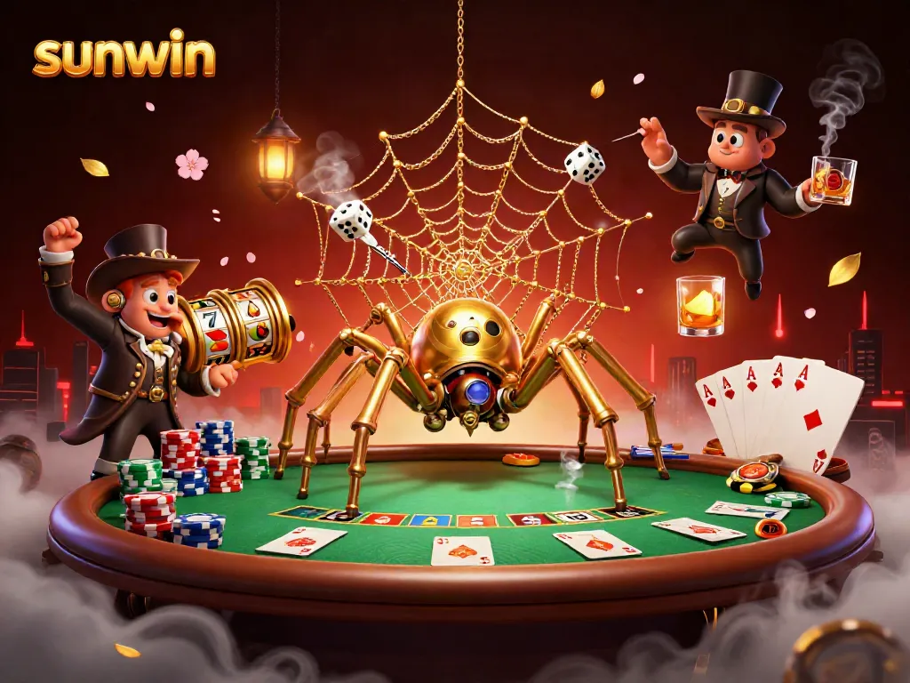 Engage with sunwin slots as a golden spider catches dice in a vibrant 3D casino scene.