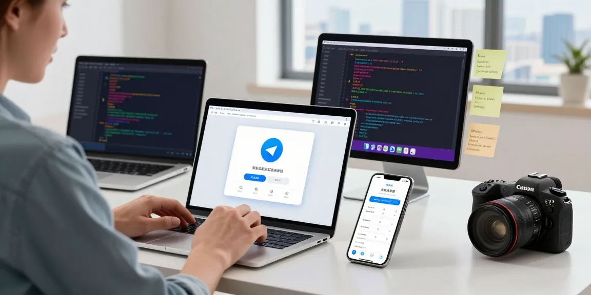 Person configuring Telegram中文 settings in a modern workspace with multiple devices displaying the app.