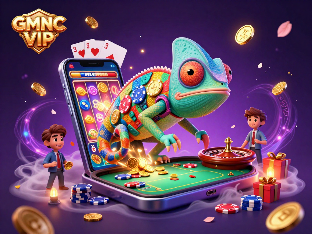 Experience the excitement with GMNC VIP, featuring a whimsical chameleon casino owner amidst vibrant slot games and golden coins.