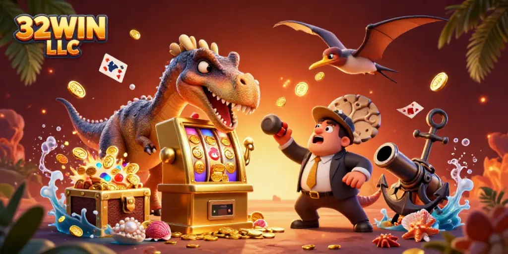 32WIN LLC engaging players through exciting jackpot wins, lively casino scene illustration.